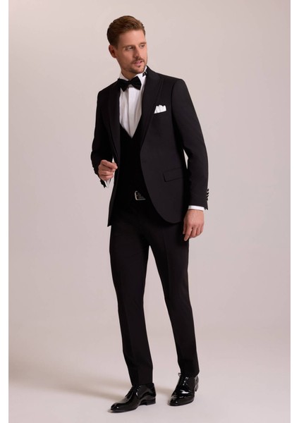 Erkek Siyah Slim Fit Likralı Sivri Yaka Yelekli Damatlık modelleri