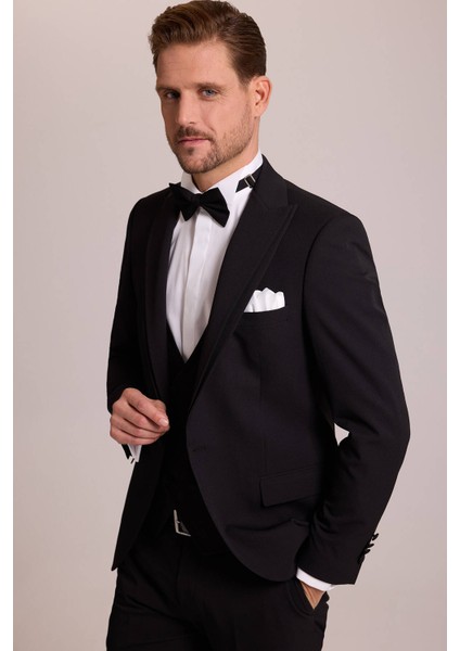 Erkek Siyah Slim Fit Likralı Sivri Yaka Yelekli Damatlık fırsatları