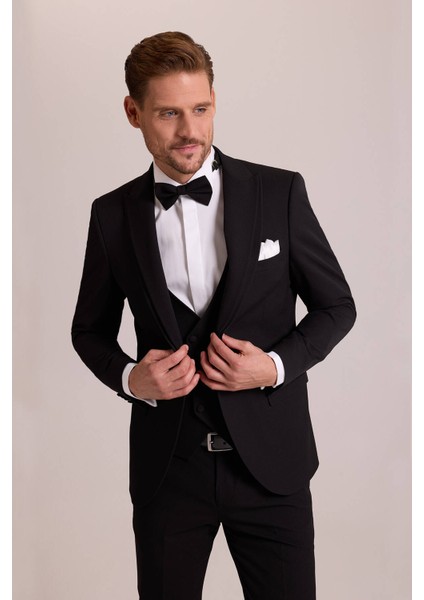 Erkek Siyah Slim Fit Likralı Sivri Yaka Yelekli Damatlık indirimleri