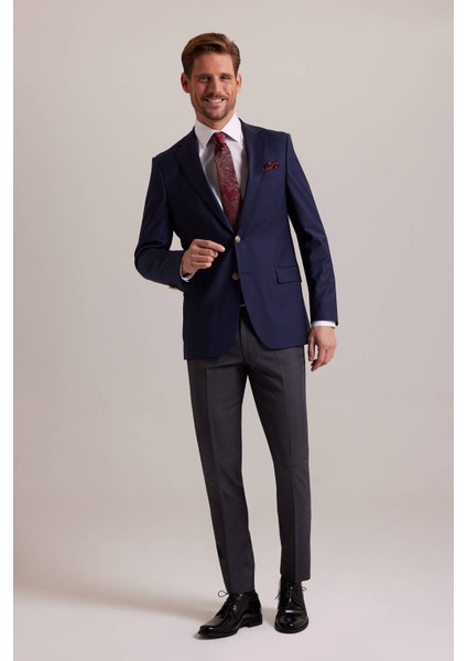 Erkek Lacivert Regular Fit Yünlü Blazer Ceket