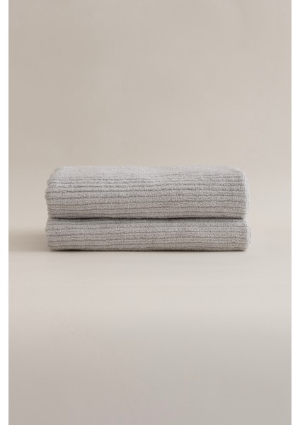 Ivory Gri Fitilli Mikro Fiber Pamuk 2li Banyo Havlusu Seti 50 x 90 - 70 x 140 1126A