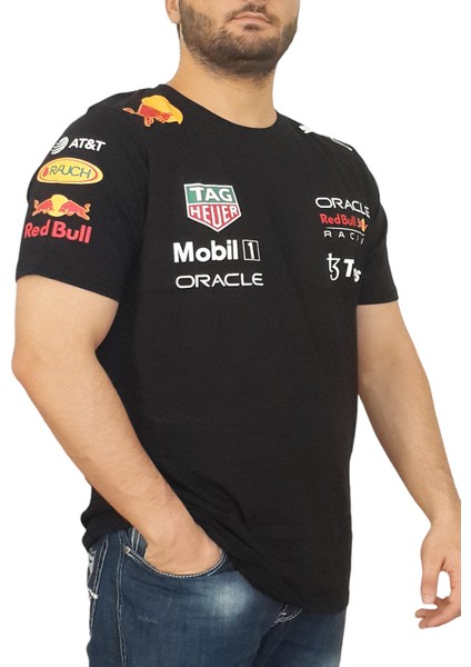 Erkek Bisiklet Yakalı Honda Redbull Baskılı Kısa Kollu Siyah Tişört Ety-Hndr