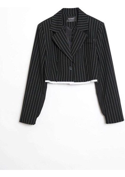 Laura Çizgili Crop Blazer Ceket Siyah