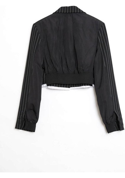 Laura Çizgili Crop Blazer Ceket Siyah