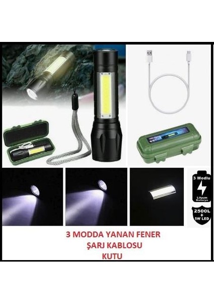 El Feneri Şarjlı Kamp Avcılık Feneri Mini LED Zoom Fener Üç Fonksiyon Fener