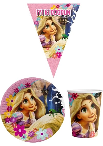 Rapunzel 8 Kişilik Kız Doğum Günü Mini Set Kız Çocuk Parti Seti Süsleme