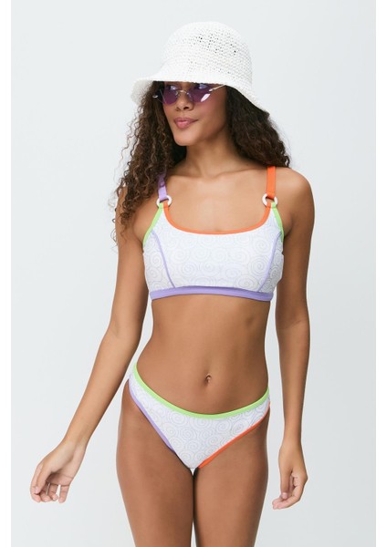 Renkli Biyeli Bikini Takım 3279 Beyaz