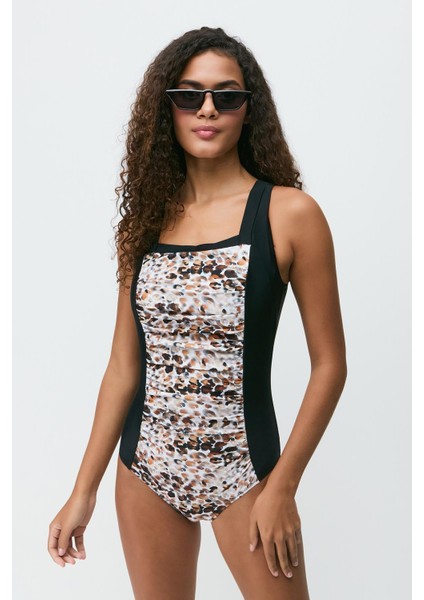 Kare Yaka Büzgülü Mayo 7763 Siyah/bej