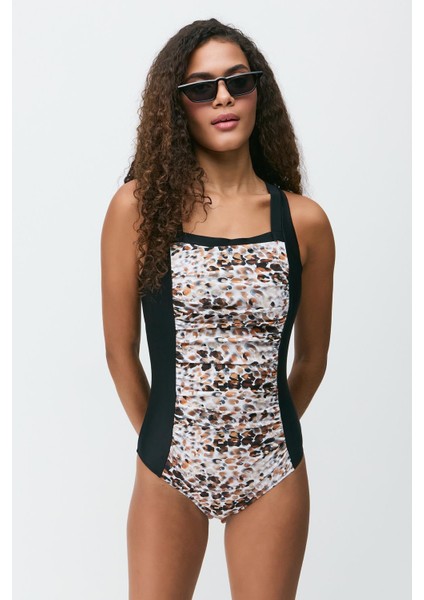 Kare Yaka Büzgülü Mayo 7763 Siyah/bej modelleri