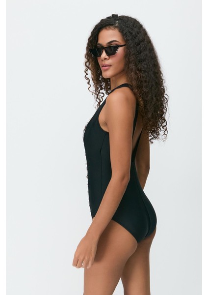 Kare Yaka Büzgülü Mayo 7763 Siyah/bej fırsatları