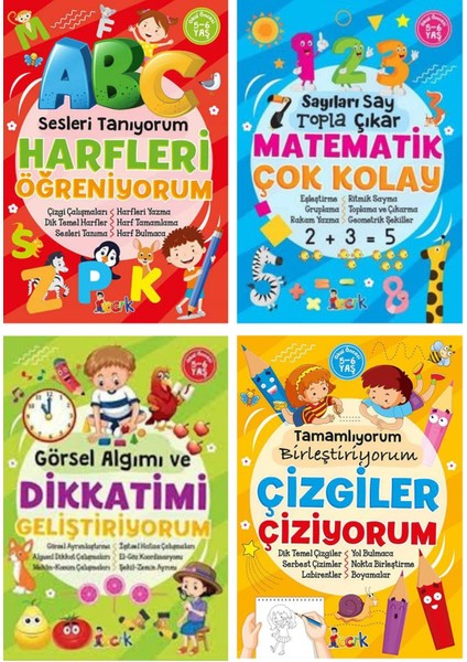 Harfleri Öğreniyorum - Matematik Çok Kolay - Dikkatimi Geliştiriyorum - Çizgiler Çiziyorum 4'lü Set
