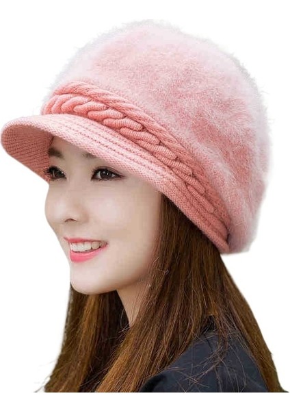 Tavşan Kürk Şapka Düz Renk Sivri Şapka Sıcak Örme Bere Peluş Anne Şapkası (Yurt Dışından)