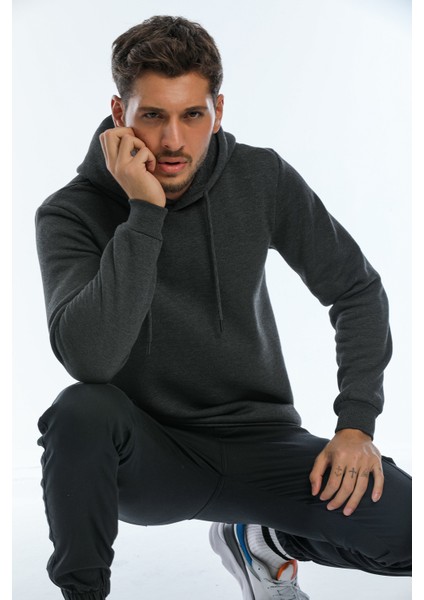 Kapüşonlu Basic Geniş Kesim Erkek Içi Polarlı Sweatshirt