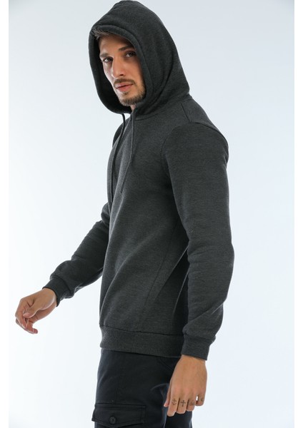 Kapüşonlu Basic Geniş Kesim Erkek Içi Polarlı Sweatshirt
