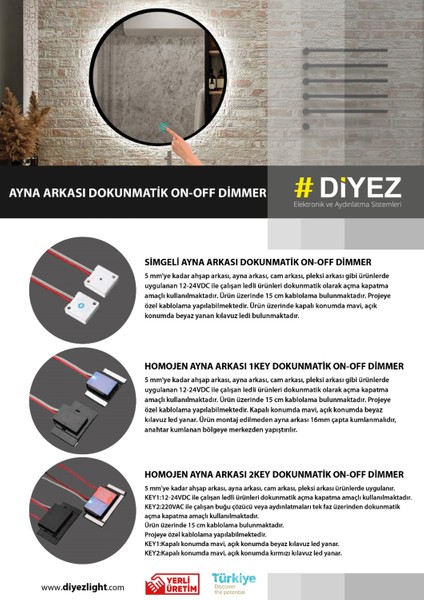 Ayna Arkası On-Off Dimmer Dokunmatik Sensör - Power Simgeli - 12-24V - 8,33A - 100W