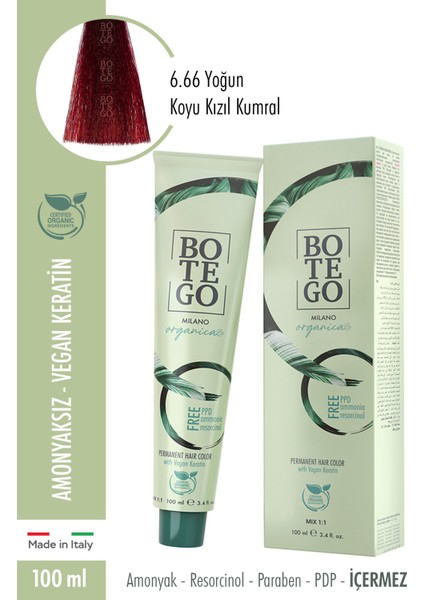 Botego Milano Organica Krem Boya 6.66 Yoğun Koyu Kızıl Kumral 100 Ml