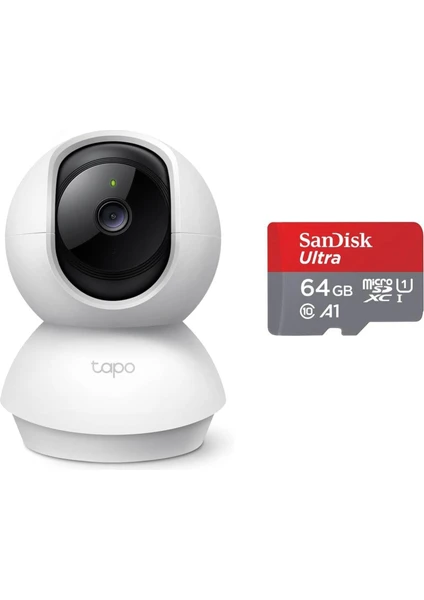 Tp-Lınk Tapo C210, 2k 3mp Iç Mekan Wi-Fi Güvenlik Kamerası, Hareket Tespit ve Takibi, 360°, 9m Gece Görüşü, Çift Yönlü Sesli Iletişim, Bebek Ağlaması Tespiti + Sandisk Ultra 64GB Hafıza Kartı