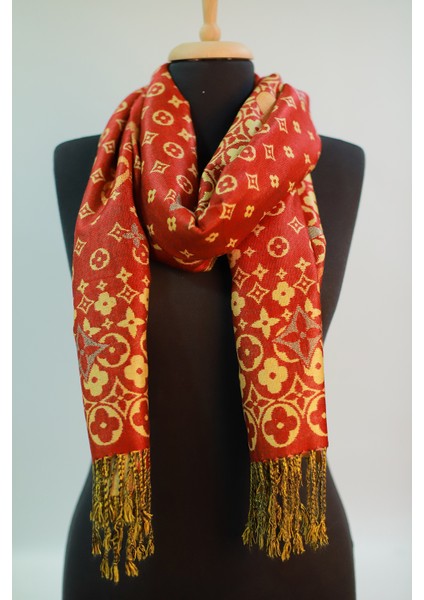 Bordo Gold Rengi Desenli Pasşmina Şal