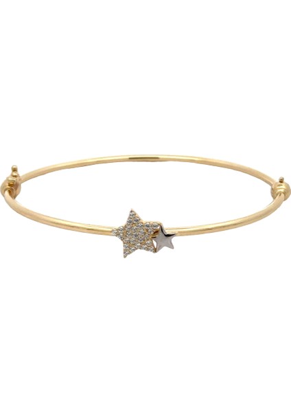 Mine ve Zirkon Taşlı Iki Boy Yıldız Figürlü Ince Şık Yeşil Altın Kelepçe Bileklik