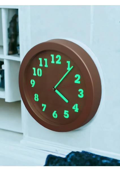 Fosforlu Gece Parlayan Görünen Metal Bakır Renkli Duvar Saati Çap 26 cm