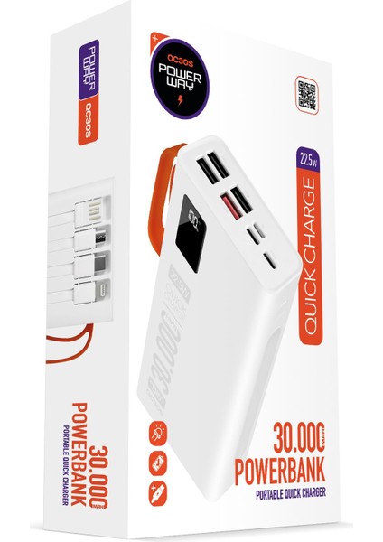 QC30S 30.000 Mah Pd 22,5W Dahili Kablolu Powerbank