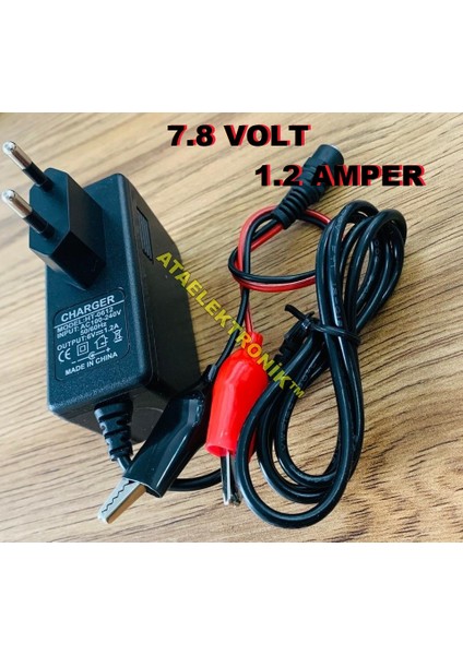 Ata Elektronik 6 Volt Çocuk Akülü Araba Akü Şarj Cihazı Adaptörü + Timsah Maşalı Charger + Kesici + Işıklı - Çıkış Voltajı  7.8 Volt 1.2 Amper