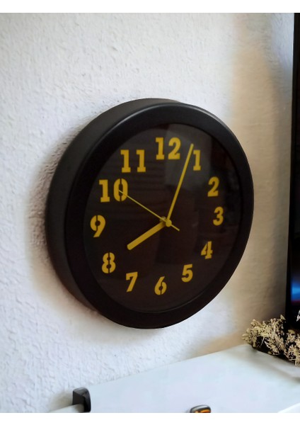 Metal Sarı Siyah Otel Ofis Salon Mutfak Duvar Saati Çap 26 cm