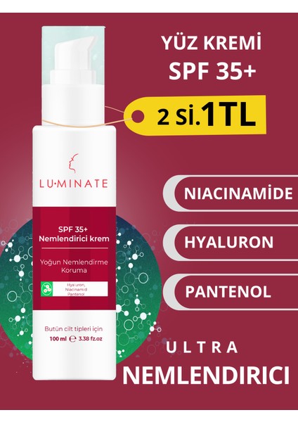 Yoğun Nemlendirici Yüz Kremi Cilt Tonu Eşitleyici Leke Karşıtı Gözenek Sıkılaştırıcı Su Bazlı Hyaluron Niacinamide Pantenol Spf 35+ 100 ml