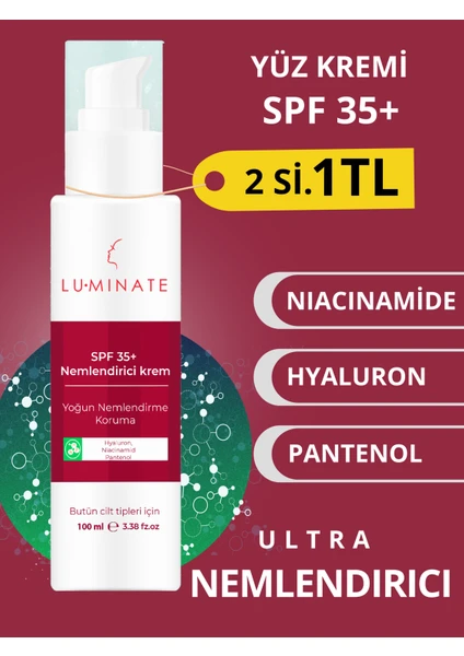 Yoğun Nemlendirici Yüz Kremi Cilt Tonu Eşitleyici Leke Karşıtı Gözenek Sıkılaştırıcı Su Bazlı Hyaluron Niacinamide Pantenol Spf 35+ 100 ml