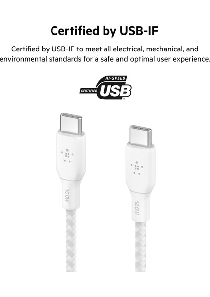 Usb-C - Usb-C Kablosu, 100 W Güç Dağıtımı Çift Örgülü Naylon Kılıflı Usb-If Sertifikalı 2.0 Şarj Kablosu (2 M) Beyaz