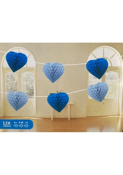 12'li Parti Doğum Günü Ev Dekorasyon Kağıt Kalp Zincir Süs Mavi
