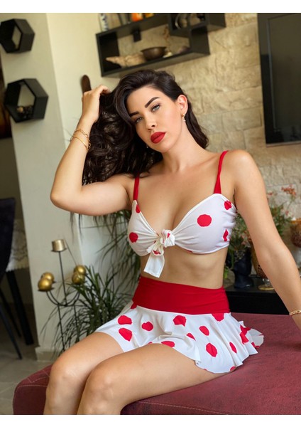 Kayahan Collectıon -Puantıye Benekli Şortetekli Desteksiz Kadın Bikini Takımı