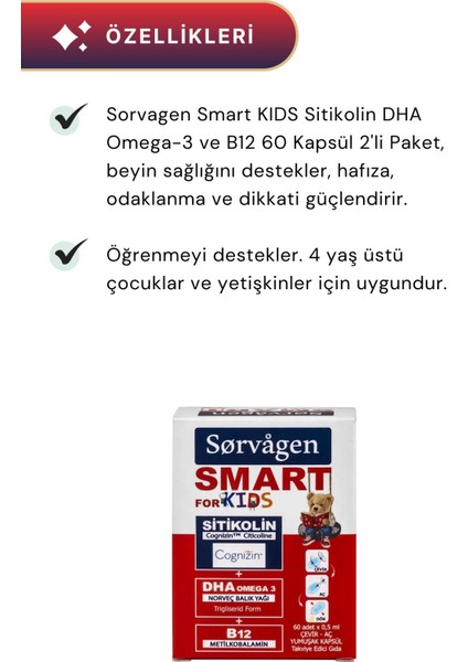 Smart Kıds Sitikolin Dha Omega-3 ve B12 60 Kapsül - 2 Adet