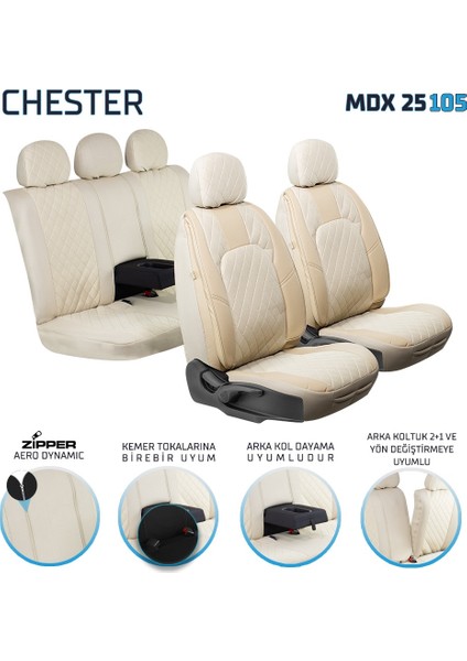 Chery Tiggo Uyumlu Yarı Deri Oto Koltuk Kılıfı Ön Arka Set Chester Model Bej Sc