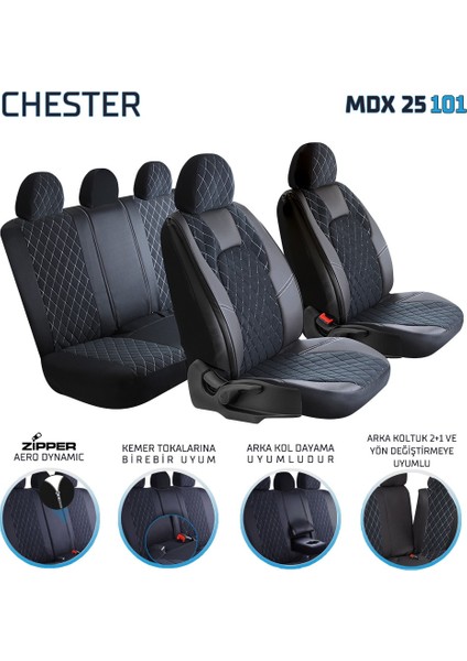 Dacia Duster Uyumlu Yarı Deri Oto Koltuk Kılıfı Ön Arka Set Chester Model Siyah Beyaz Sc