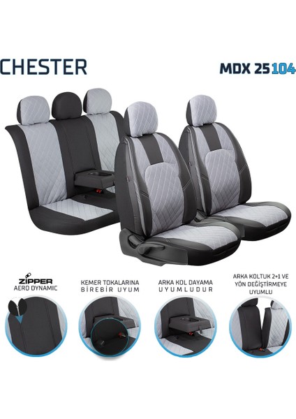 Fiat Egea Stw Uyumlu Yarı Deri Oto Koltuk Kılıfı Ön Arka Set Chester Model Siyah Gri Sc