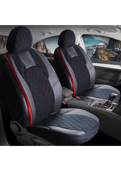 ford Fusion Uyumlu Yarı Deri Oto Koltuk Kılıfı Ön Arka Set Chester Model Siyah Kırmızı Sc