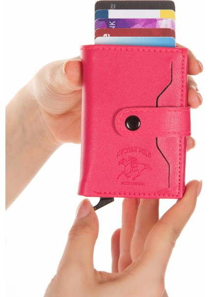 Deri Rfıd Koruyucu Alüminyum Otomatik Mekanizma Kartlık ve Cüzdan newpolo068 - Pembe