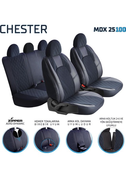 renault Megane 4 Hb Uyumlu Yarı Deri Oto Koltuk Kılıfı Ön Arka Set Chester Model Siyah Sc