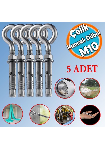 Kancalı Çelik Dübel M10 (5 Adet) Salıncak Boks Torbası Lamba Avize Için Gömlekli Kapalı Ağız Kanca