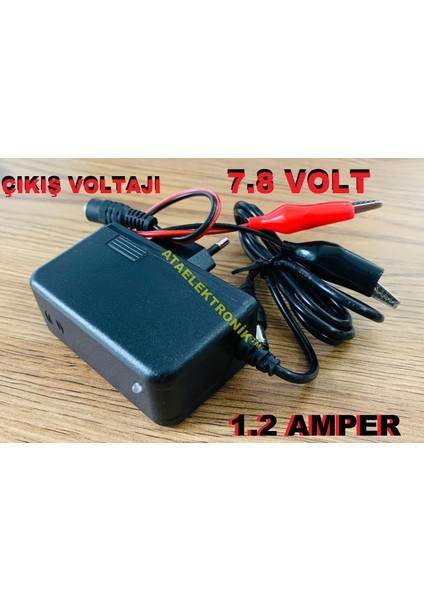 Ata Elektronik 6 Volt Aküler Için  Şarj Cihazı  Charger LED Işıklı Şarjda Kırmızı Dolunca Yeşil Voltaj Kesicili Extra Timsah Maşalı Kablolu  - Kaliteli Ürün - 7.8 Volt 1.2 Amper