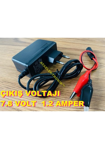 Ata Elektronik 6 Volt Aküler Için  Şarj Cihazı  Charger LED Işıklı Şarjda Kırmızı Dolunca Yeşil Voltaj Kesicili Extra Timsah Maşalı Kablolu  - Kaliteli Ürün - 7.8 Volt 1.2 Amper