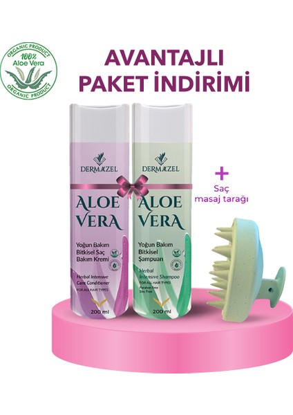 Organik Dökülme Karşıtı Saç Bakım Seti Aloe Vera Şampuan 200ml, Aloe Vera Yoğun Bakım Saç Kremi 200 Ml+ Saç Masaj Tarağı