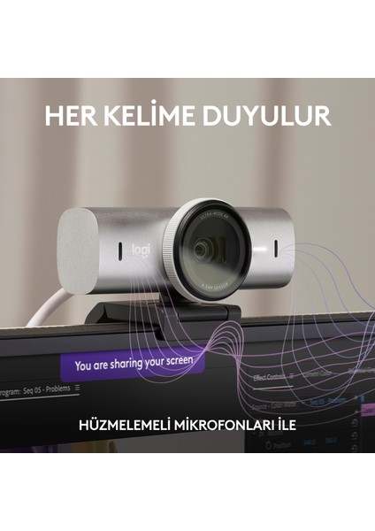 Mx Brio Ultra Hd 4K Gizlilik Kapaklı ve Mikrofonlu Yayın Web Kamerası, Açık Gri