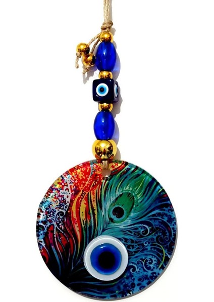 Füzyon Cam Tavus Kuşu Tüyü Desenli 12X12CM Nazar Boncuklu 12X30CM El Yapımı Duvar Süsü Nazarlık