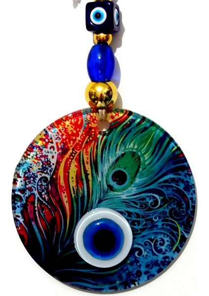 Füzyon Cam Tavus Kuşu Tüyü Desenli 12X12CM Nazar Boncuklu 12X30CM El Yapımı Duvar Süsü Nazarlık fiyatları