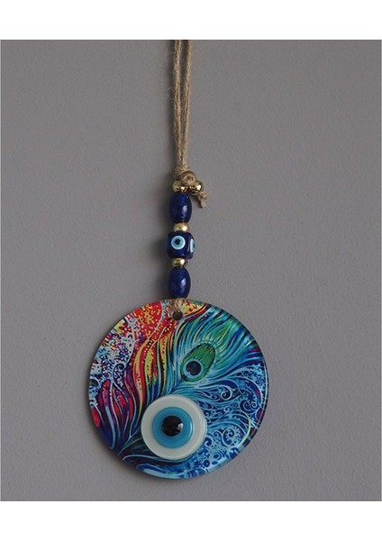 Füzyon Cam Tavus Kuşu Tüyü Desenli 12X12CM Nazar Boncuklu 12X30CM El Yapımı Duvar Süsü Nazarlık modelleri