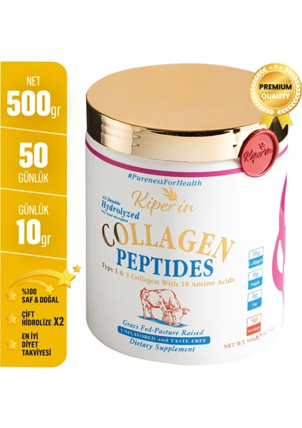 Kiperin Collagen %100 Saf ve Doğal Yüksek Biyoaktif ve Biyoyararlı Çift Hidrolize Edilmiş Toz Peptitleri İçeren Diyet Takviyesi Kolajen (500gr) - 50 Günlük