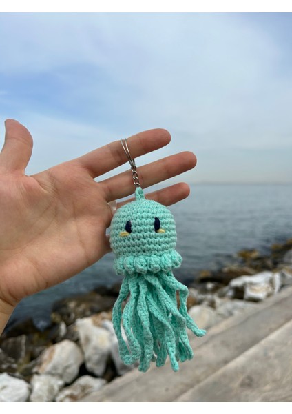 Sevimli Mavi Ahtapot Amigurumi El Örgüsü Anahtarlık ve Çanta Aksesuarı