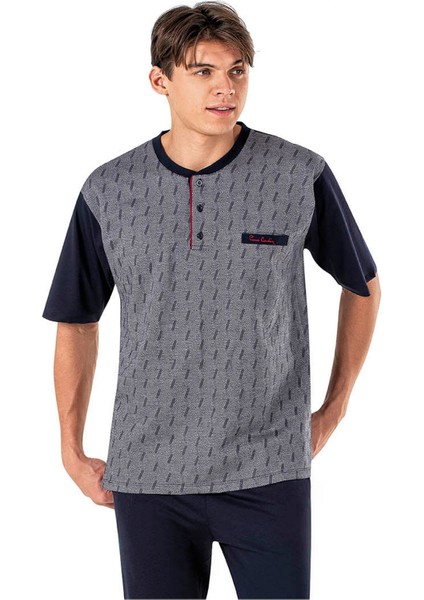 6019 Erkek Jakarlı Kısa Kollu Şortlu 3'lü Pijama Takımı